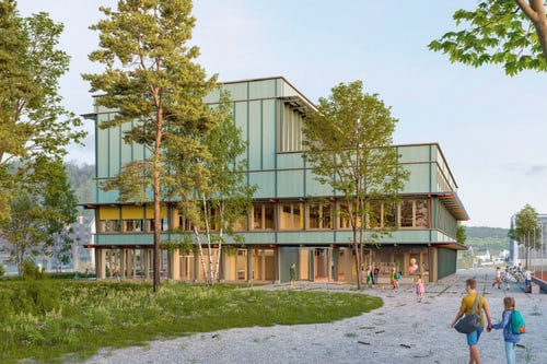 Moderne Gebäude mit Bäumen und Menschen auf einem Weg.