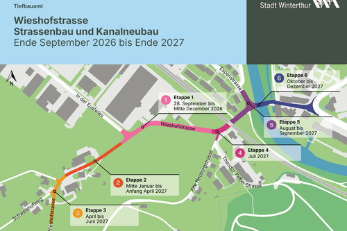 Karte mit geplanter Strassen- und Kanalarbeiten Strecke und Phasen.