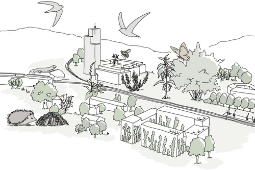 Illustration einer grünen Stadt mit Gebäuden, Bäumen und Tieren.