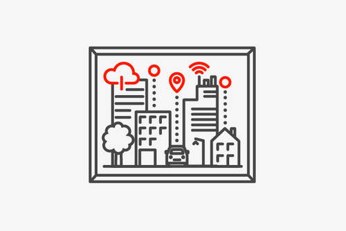 Illustration einer modernen Stadt mit digitalen Symbolen.