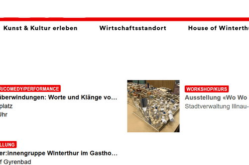 Website mit Veranstaltungskalender und Menünavigation.