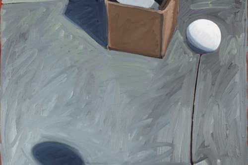Gemälde mit Golfball, Schläger und Kiste auf grauem Boden.