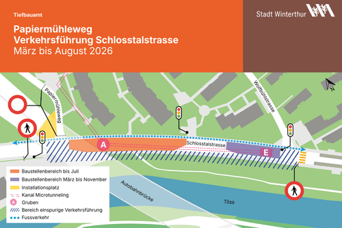 Karte der Umleitung Papiermühleweg, Schlossstalstrasse, Winterthur, März bis August 2026.