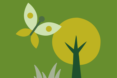 Abstrakte Illustration von einem Baum, einem Schmetterling und Gras auf einem grünen Hintergrund.