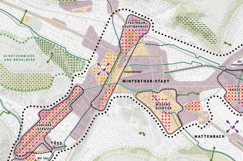 Stadtplan mit farbcodierten Bereichen und Strassen.