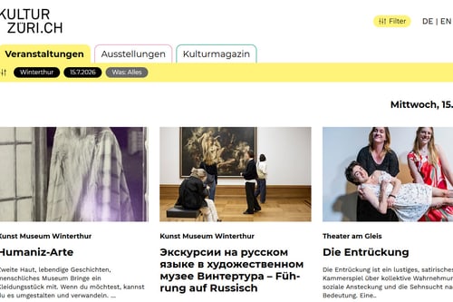 Webseite mit Veranstaltungsvorschlägen und Bildvorschauen.
