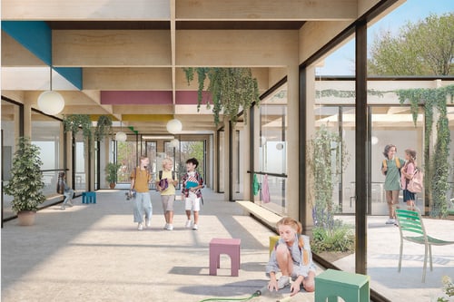 Innenraum mit Kindern und Erwachsenen in einem modernen Gebäude mit Pflanzen.
