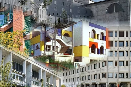 Collage aus mehreren Gebäuden mit unterschiedlichen Architekturstilen.