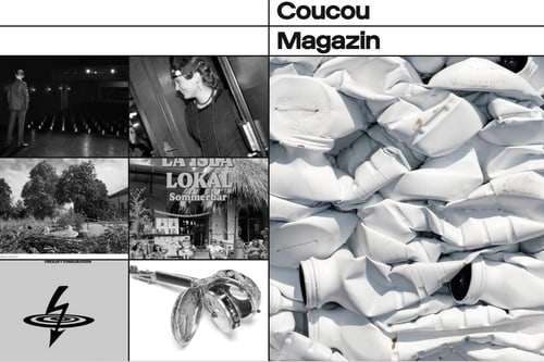 Collage aus Schwarz-Weiss-Bildern links und Nahaufnahme von weissen Objekten rechts.