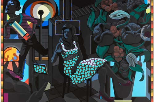 Abstrakte Kunst mit zwei stilisierten Personen und Pflanzen.