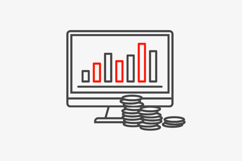 Computermonitor mit Balkendiagramm und Münzen.