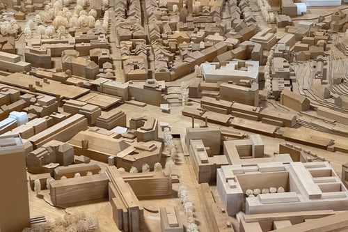 Holzmodell einer Stadt mit Gebäuden und Strassen.