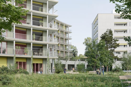 Moderne Wohngebäude mit Grünflächen und Bäumen.