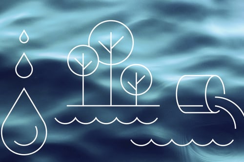 Grafiken von Wasser, Bäumen und Rohr auf blauem Hintergrund.