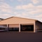 Roter Bus an einer grossen Garage mit offenen Toren.