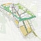 Stadtplan mit Grünflächen und Gebäuden.