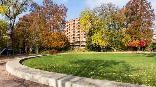 Park mit Rasenfläche, Herbstbäumen und Gebäude im Hintergrund.
