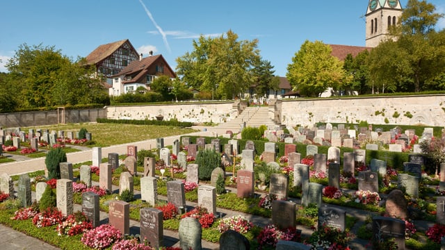 Friedhof mit Grabsteinen und Kirche im Hintergrund.