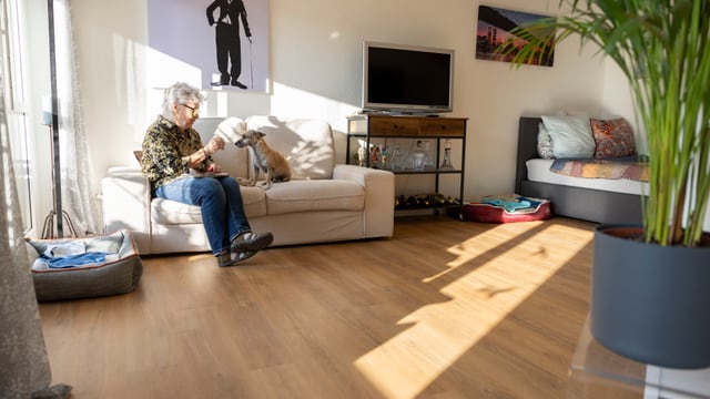 Wohnzimmer mit Person auf Sofa, die mit einem Hund spielt.