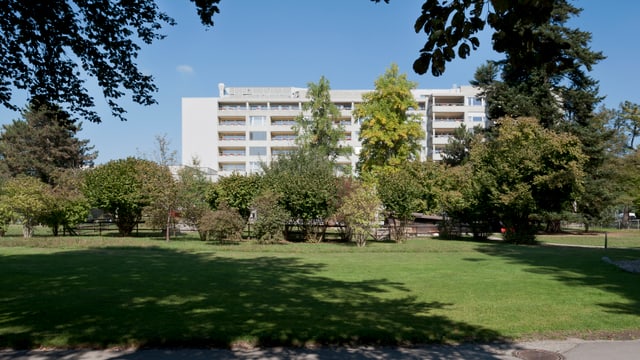 Grüner Park mit Wohngebäude im Hintergrund.