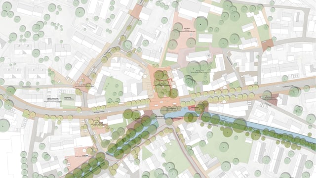 Stadtplan mit Strassen, Gebäuden und Bäumen.