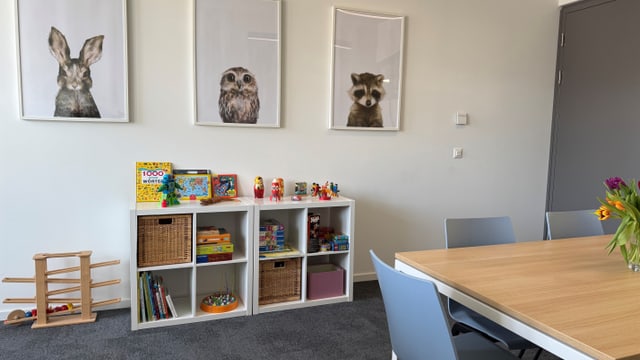 Raum des Schulpsychologisches Dienstes: mit Spielzeugregal, Tisch, Stühlen und Tierbildern an der Wand.