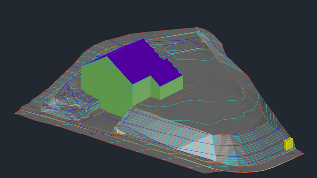 3D-Modell eines Gebäudes auf einem Gelände mit farbigen Konturlinien.