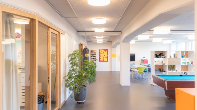 Heller Büroflur mit Pflanzen und Spieltisch.