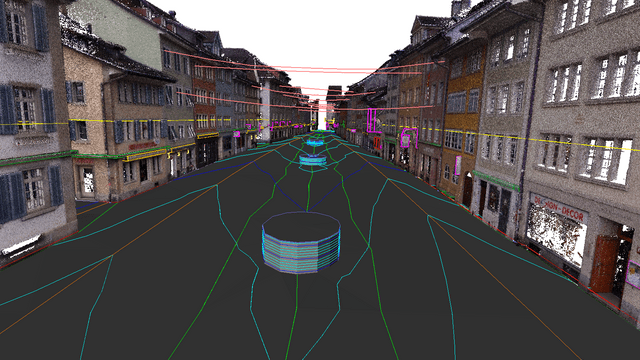 Stadtstrasse mit digitalen Linien auf dem Boden und Gebäuden auf beiden Seiten.