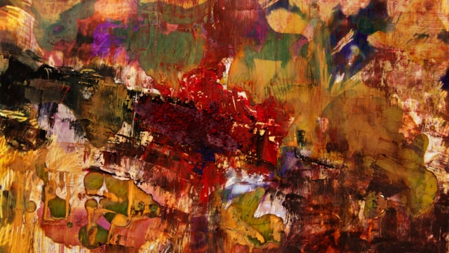 Abstraktes Gemälde mit kräftigen Farben und Texturen.