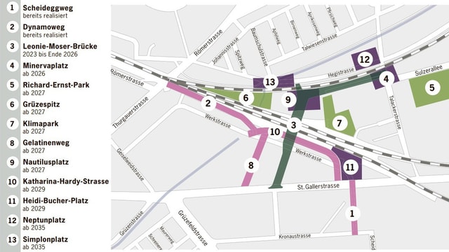 Stadtplan mit nummerierten Orten und Linien in verschiedenen Farben.