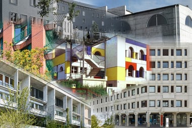 Collage postmoderner Gebäude aus verschiedenen Blickwinkeln.