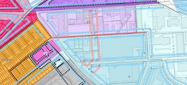 Bunt eingefärbter Stadtplan mit verschiedenen Farbgebieten.