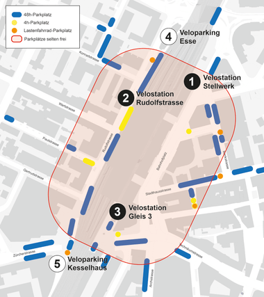 Übersichtskarte mit Veloabstellplätzen rund um den Bahnhof Winterthur