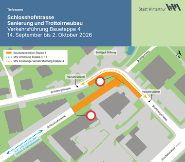 Stadtkarte mit Bauarbeiten und Umleitungen markiert.