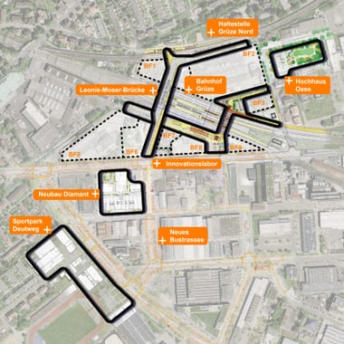 Stadtplan mit markierten Bauprojekten und Gebäuden.