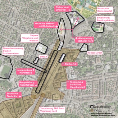 Stadtkarte mit Markierungen für Bauprojekte und Planungen.