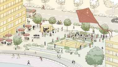 Illustration eines belebten Parks mit Menschen, die Sport treiben und einen Drachen fliegen.