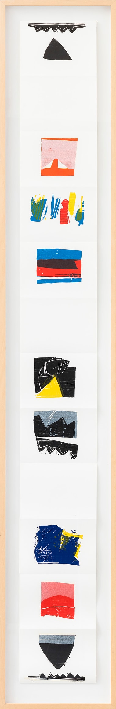 Abstrakte Kunst mit bunten geometrischen Formen in einem vertikalen Rahmen.