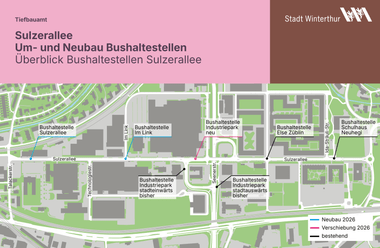Stadtplan von Winterthur mit markierten Bushaltestellen und Farblegende.