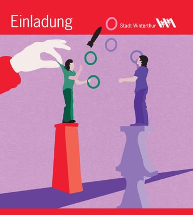 Illustration von zwei Personen auf Säulen, die Ringe austauschen.