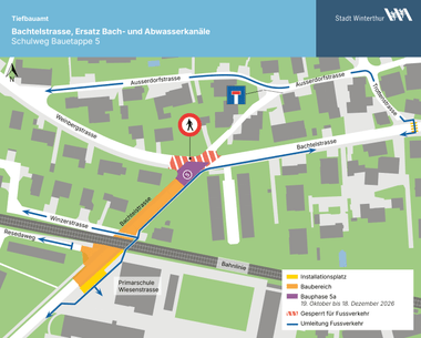 Übersichtskarte mit Umleitung Fuss- und Veloverkehr über die Ausserdorf- und Trottenstrasse