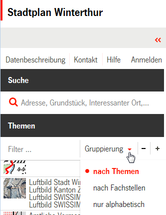 Online-Interface eines Stadtplans mit Suchoptionen und Menüs.