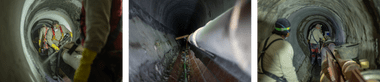 Drei Bilder von Arbeitern, die in einem Tunnel arbeiten.