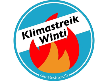 Logo Klimastreik Winti: Symbol mit Flammen und Text auf blauem Hintergrund.