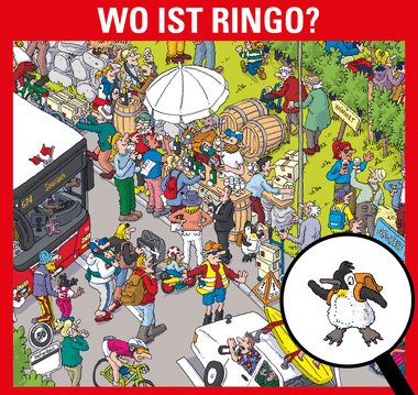 Vogel-Suchbild bei belebtem Strassenfest mit Menschen und Tieren.