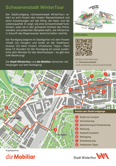 Informationsposter mit Stadtkarte und Rundgangsrouten.