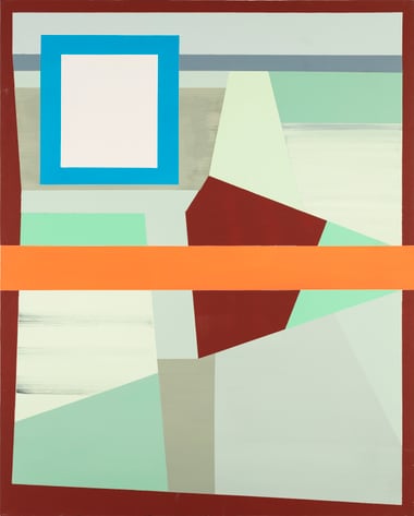 Abstraktes Gemälde mit geometrischen Formen und bunten Farben.