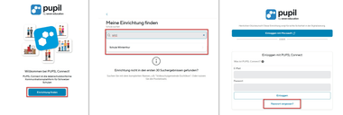 Drei Bildschirmansichten, welche die Erstanmeldung im Web-Browser zeigen