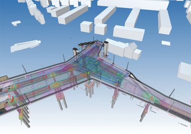 3D-Modell einer Brückeninfrastruktur in einer städtischen Umgebung.